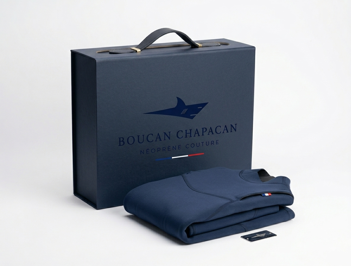 Coffret marine Boucan Chapacan et combinaison néoprène pliée à côté