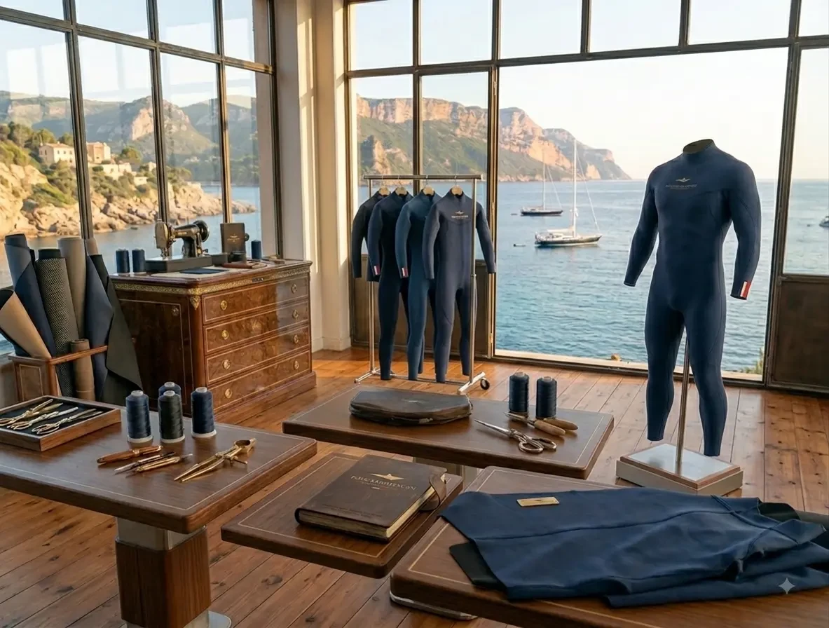 Atelier de couture néoprène avec vue sur la mer, combinaisons sur mesure et outils de tailleur