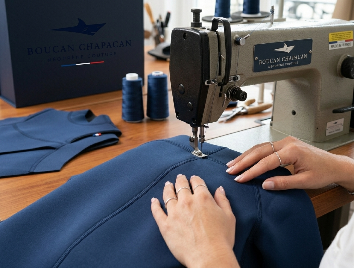 Mains d'artisan guidant du néoprène marine sous une machine à coudre industrielle, coffret Boucan Chapacan en arrière-plan