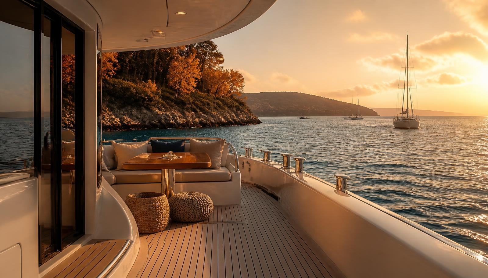 Pont d'un yacht en Méditerranée, lumière d'automne
