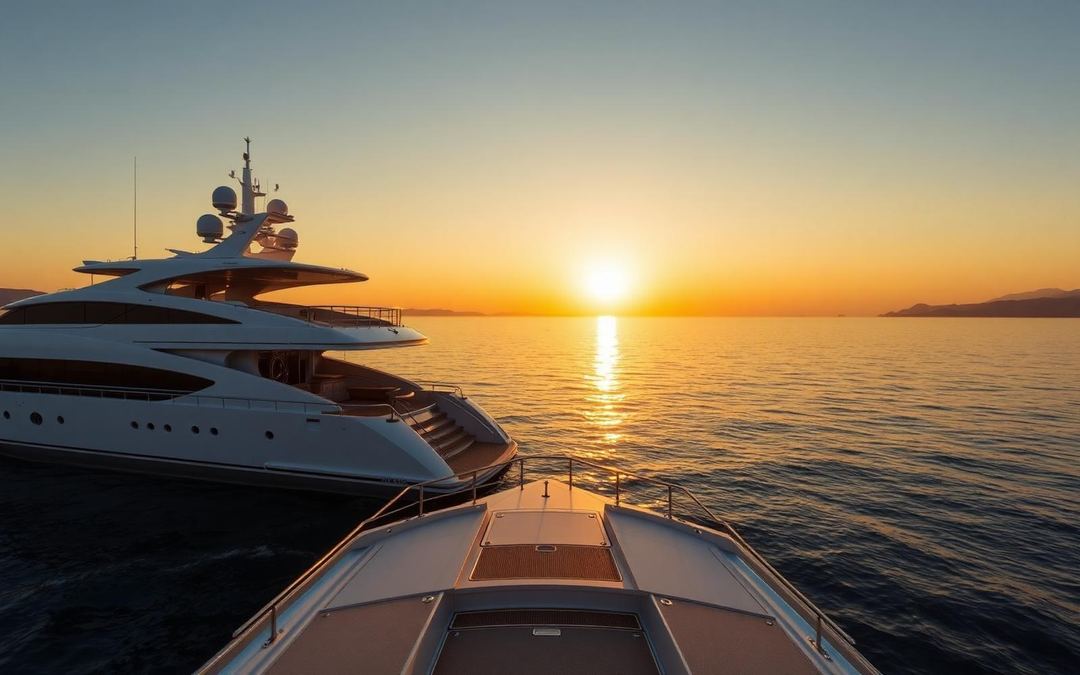 Yacht au mouillage au coucher du soleil sur la Côte d'Azur, cadre des essayages Boucan Chapacan